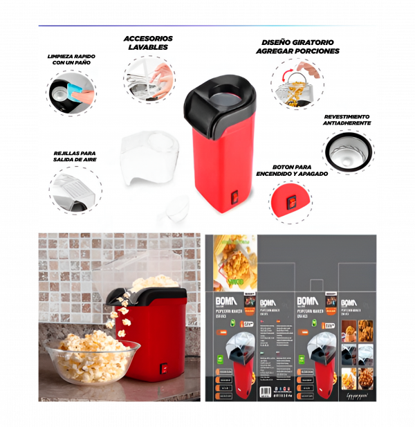MAQUINA PARA POPCORN 1200W LIBRE DE ACEITE - SALE POR CAJON